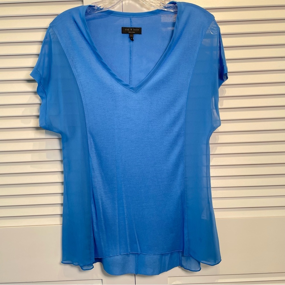 Rag & Bone Light Blue V-Neck Top Sheer Side Panels Mesh Blouse Women's Size XS